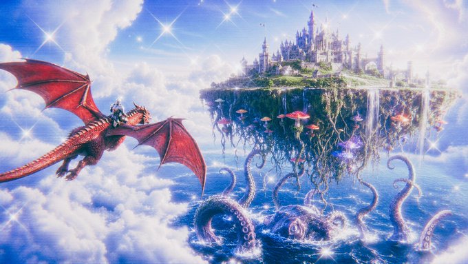 A fantasy artwork shows a person riding a red dragon approaching a floating island with a castle on top, while a giant kraken's tentacles emerge from the ocean below.