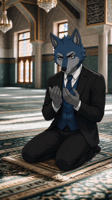 Anime-style illustration of a blue-furred wolf character wearing a black suit and blue vest, kneeling on a prayer rug inside an ornate mosque with stained glass windows.