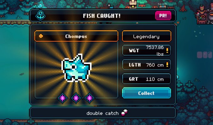 A pixel-art video game screen displays a 'FISH CAUGHT!' notification for a 'Chompus' (Legendary), weighing 7537.86 lbs and measuring 750 cm, with a 'double catch' message at the bottom.