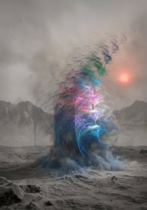 A surreal digital artwork depicting a vibrant, multicolored wisp of smoke or energy rising from a dark mound in a desolate, rocky landscape under a hazy sky with a red sun.
