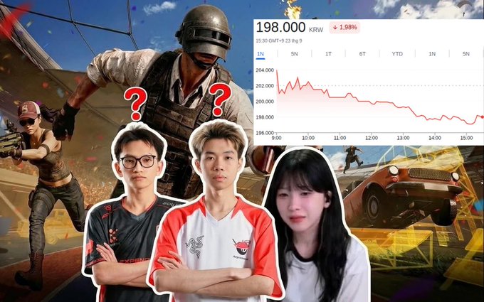 A promotional graphic for a PUBG video featuring three people and a stock chart showing '198.000 KRW' with a downward trend of 1.98%, with two red question marks above the central figures.