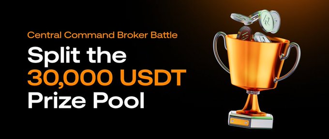 A promotional banner for 'Central Command Broker Battle' announcing the chance to 'Split the 30,000 USDT Prize Pool', featuring a gold trophy filled with coins on a black background.