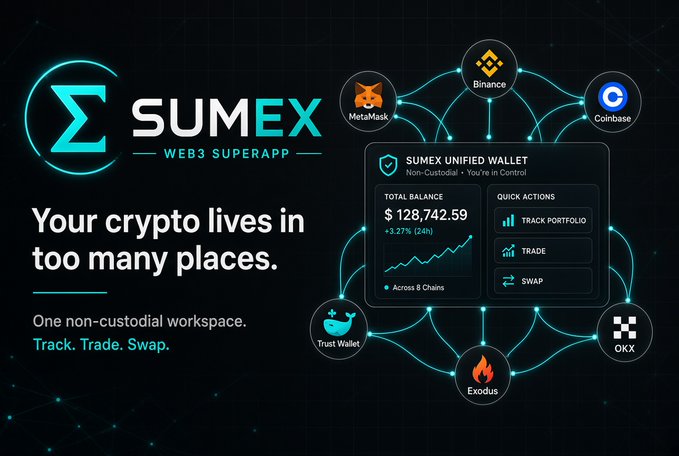 A promotional graphic for "SUMEX WEB3 SUPERAPP" features the tagline "Your crypto lives in too many places" and "One non-custodial workspace. Track. Trade. Swap." It highlights a "SUMEX UNIFIED WALLET" showing a total balance of $128,742.59 (+3.27% in 24h) connected to MetaMask, Coinbase, Trust Wallet, Binance, OKX, and Exodus.