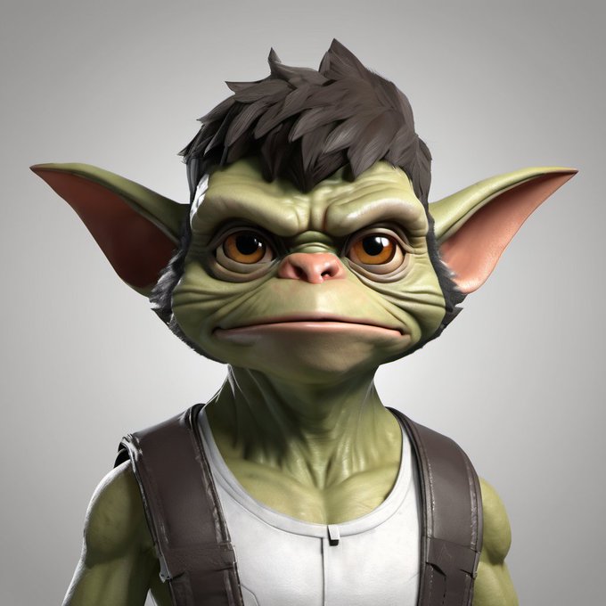A 3D-rendered cartoon-style goblin character with green skin, large pointed ears, amber eyes, and spiky dark hair, wearing a white tank top with brown leather straps. The mischievous, greedy expression of the goblin visually reinforces the NFT mint announcement's "No Whitelist, 20 Per Wallet" message, appealing to collectors eager to grab limited mints.