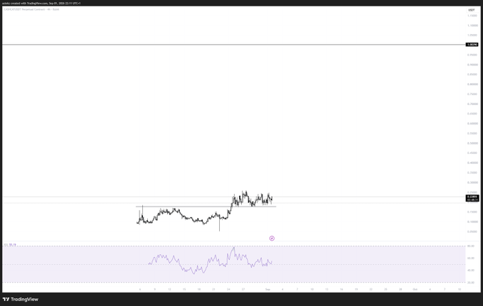 A TradingView chart titled "Curve created with TradingView.com, Sep 25, 2026, 23:17 UTC+3" displays the price action of $CASHCAT hovering near $1, with an RSI indicator below showing the asset is hovering near overbought territory. The chart visually supports the post's claim that $CASHCAT is trading at approximately one dollar.