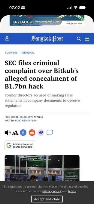 A Bangkok Post news article screenshot dated 23 July 2026 with the headline 'SEC files criminal complaint over Bitkub's alleged concealment of B1.7bn hack', with subtext about former directors accused of making false statements.
