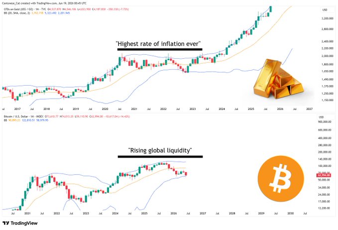 The image shows two lines representing Bitcoin (blue) and gold (orange), with a dollar sign symbol between them. The top line of each represents the price over time for each asset, while the bottom line shows the expected growth rate for each. The phrase "Highest rate of inflation ever" is displayed above the lines in different colors to indicate that Bitcoin might not follow traditional economic patterns.