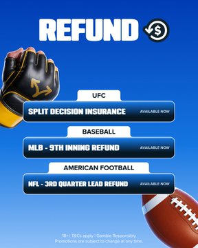 An advertisement for a 'REFUND' service displays options for UFC Split Decision Insurance, MLB 9th Inning Refund, and NFL 3rd Quarter Lead Refund, available now.