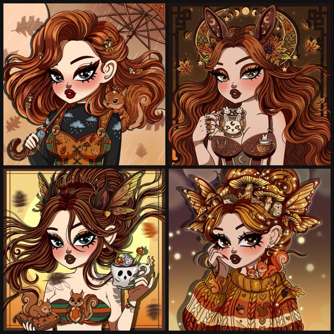 A four-panel digital illustration featuring stylized women with brown hair and autumn-themed elements like squirrels, acorns, mushrooms, and owls.