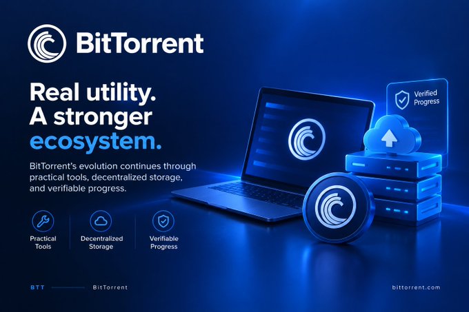 A promotional graphic for BitTorrent titled 'Real utility. A stronger ecosystem.' featuring a laptop with cloud storage icons.