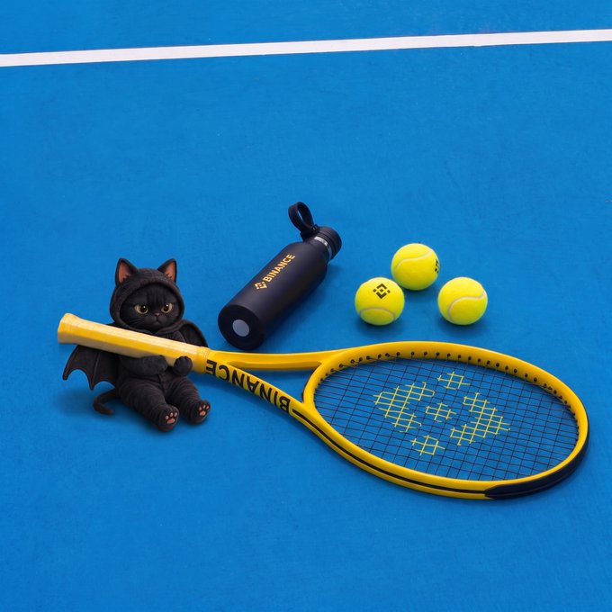 A whimsical still-life arrangement on a blue tennis court surface featuring a yellow Binance-branded tennis racket, three yellow tennis balls, a black Binance water bottle, and a small figurine of a black cat dressed in a bat costume.