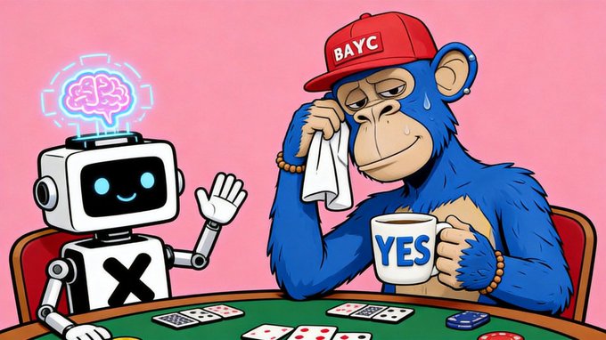 Digital artwork showing a Bored Ape Yacht Club (BAYC) NFT character wearing a red 'BAYC' cap, wiping sweat with a cloth while holding a mug labeled 'YES' at a poker table across from a robot.