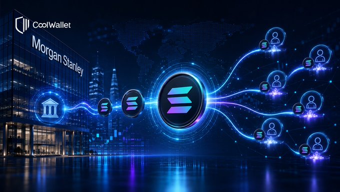 CoolWallet promotional image showing the Solana logo connecting a bank building labeled 'Morgan Stanley' to multiple user icons, representing blockchain integration with traditional finance.