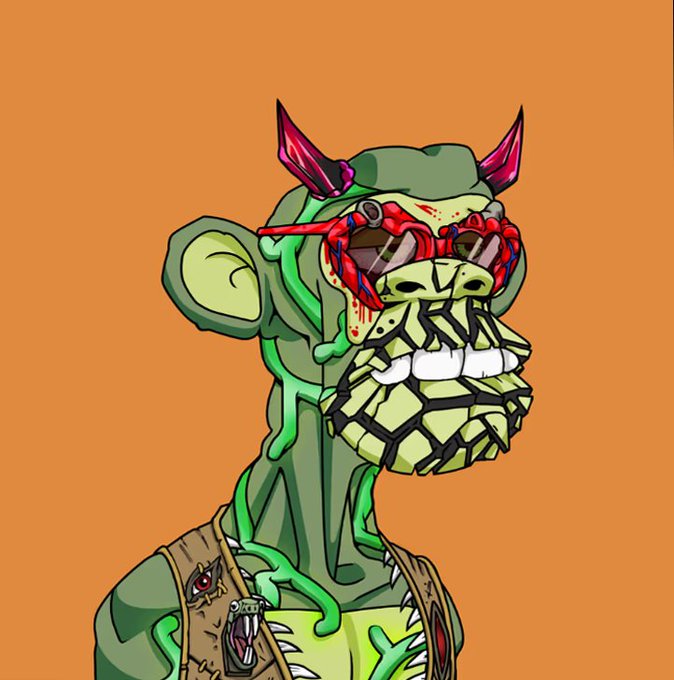 A digital illustration depicts a green-skinned character with an exposed red brain, bloody goggles, sharp teeth, and small horns, set against an orange background.