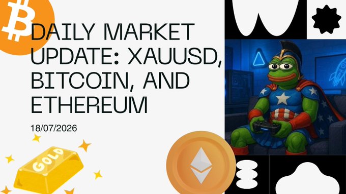 A daily market update graphic dated 18/07/2026 covering XAUUSD, Bitcoin, and Ethereum, featuring a Bitcoin logo, gold bar, Ethereum symbol, and a Captain America-style Pepe the Frog character.