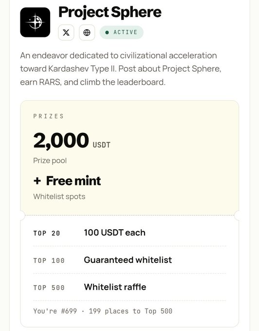 A mobile app interface for 'Project Sphere' showing it as ACTIVE with a description about civilization acceleration toward Kardashev Type II, offering prizes including 2,000 USDT and free mint whitelist spots for top rankings.
