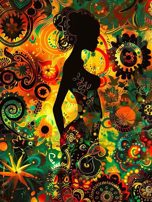 A vibrant, psychedelic artwork depicting the black silhouette of a woman in profile against a colorful background filled with intricate floral and paisley patterns in shades of green, orange, yellow, and red.