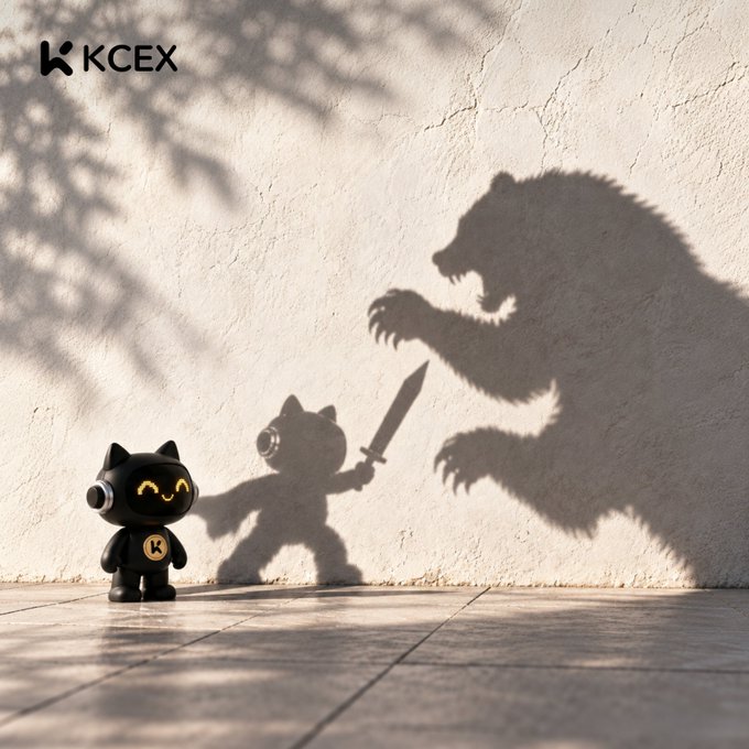 A KCEX promotional image showing a small black cat-like robot with a glowing yellow face standing on a tiled floor, casting a dramatic shadow on a textured wall depicting the robot wielding a sword against a large bear silhouette.