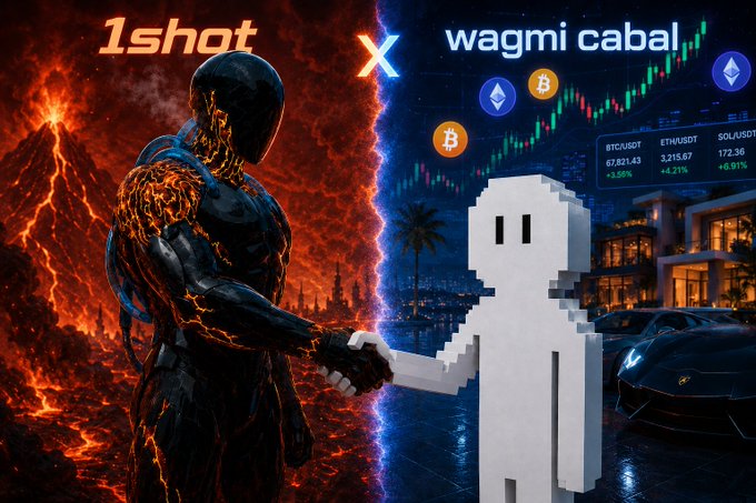 A promotional graphic reading '1shot X wagmi cabal' showing a lava-textured figure shaking hands with a pixelated ghost character, alongside Bitcoin and Ethereum logos and a crypto price ticker displaying BTC/USD at 67,821.43.