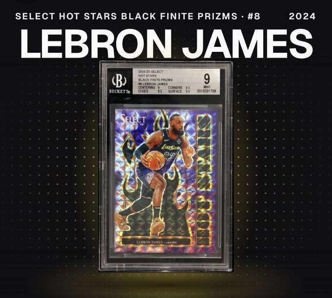 Select Hot Stars Black Finite Prisms #8 2024 LeBron James trading card graphic, labeled “LEBRON JAMES” and showing a graded card with a “9 MINT” designation.