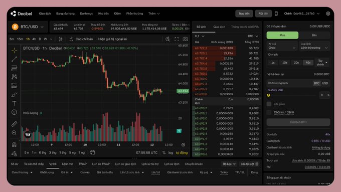 A Decibel trading platform interface displaying a BTC/USD candlestick chart with order books, trade history, and trading options.