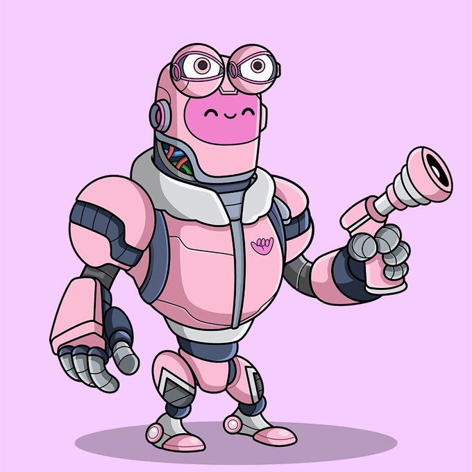A cheerful pink robot mascot with large round eyes holds a futuristic ray gun against a soft purple background. The cartoonish character fits the playful, community-appreciation theme of the Web3 honorary NFT tribute series.