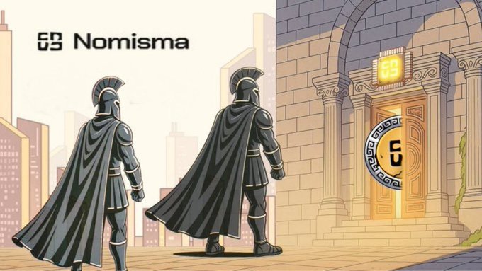 An illustration of two armored warriors in capes standing before a stone building with a door marked with a symbol, accompanied by the logo 'Nomisma'.