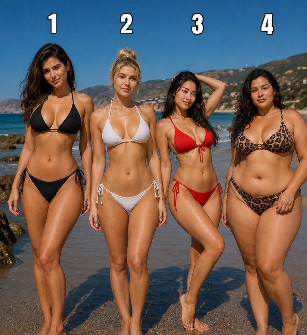 Four women in bikinis (numbered 1-4) standing on a sandy beach with the ocean and mountains in the background.