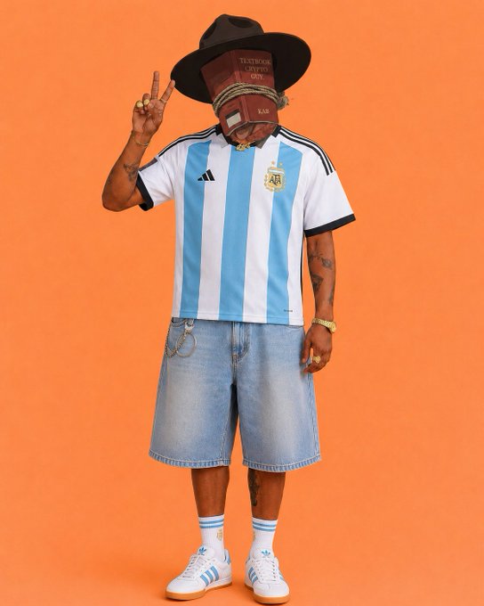 A person wearing an Argentina national team jersey, denim shorts, and a wide-brimmed hat covers their face with a passport (showing "UNITED STATES OF AMERICA" and "KANSAS") while flashing a peace sign, capturing the carefree, money-focused vibe of celebrating goals and gains.