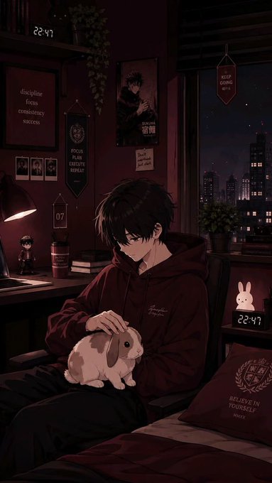 An anime-style illustration of a young man in a maroon hoodie petting a lop-eared rabbit in a cozy room at night, with digital clocks showing '22:47' and motivational posters on the walls.