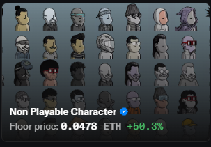 A grid of 24 cartoon character avatars with a highlighted character labeled 'Non Playable Character' and a floor price of 0.0478 ETH (+50.3%).