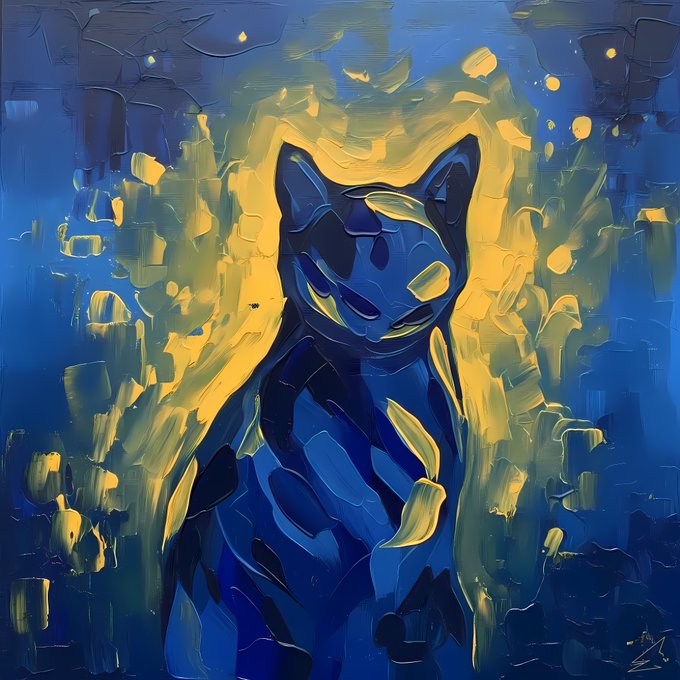 An abstract digital painting features a dark blue silhouette of a cat surrounded by thick, impasto-style yellow and blue brushstrokes, giving the impression of glowing light against a deep blue background.