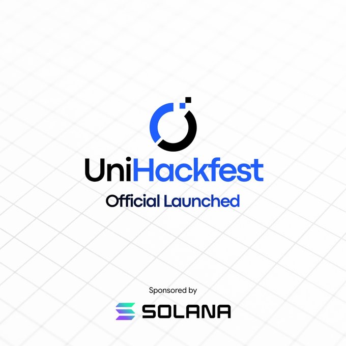 The image features a white background with a logo for UniHack fest. The text "UniHack fest" is written at the top of the background, followed by the phrase "Official Launched" below the logo. Two lines of code can be seen in the image - one that says "SOLANA" and another one that reads "UniHackfest". There is a smaller version of the code "SOLANA" next to it, positioned on the right side. The text is centered and aligned with the background elements.