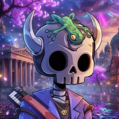 A vibrant cartoon-style illustration features a horned skull-headed character with a green frog perched on its head, wearing a purple jacket and holding a keyboard against a fantasy cityscape background.