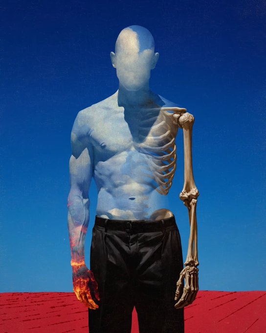 A surreal digital artwork of a headless humanoid figure with one normal arm and one skeletal arm, wearing black pants against a blue sky and red ground.