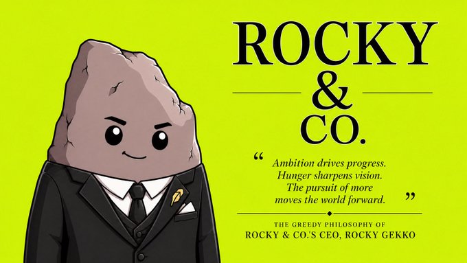 An illustration shows a rock character with a face wearing a business suit and a "G" tie pin against a green background, paired with the text "ROCKY & CO." and a quote attributing "the greedy philosophy" to CEO Rocky Gekko. The image ties to the post by personifying the project's ambition through a suited Rocky Gekko mascot who embodies the "greed is good" ethos, with "G" likely referencing the GALA ticker.