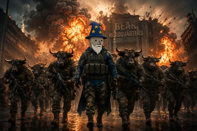 A wizard figure wearing a blue star-patterned wizard hat and a vest labeled "WIZARD" stands in front of a burning "BEAR HEADQUARTERS" building, flanked by an army of armed bull-headed soldiers in tactical gear.