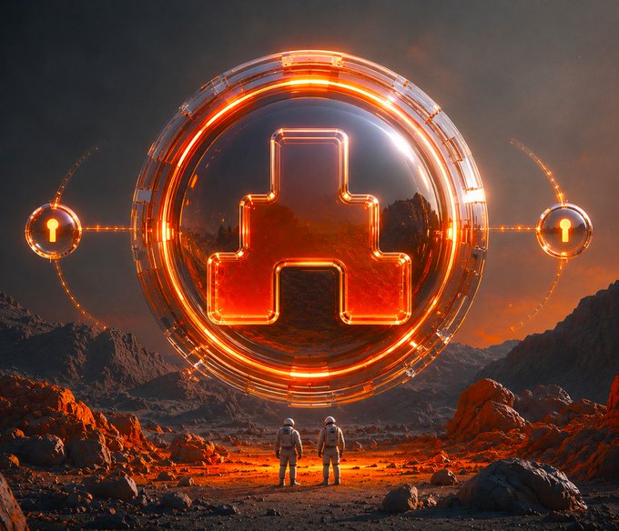 The image features two people standing next to each other in front of a large glowing circle with an orange border. The background includes a desert landscape with rocks and mountains. The caption for the image reads, "Gm guys, Super impressed with @TheARCTERMINAL, a powerful AI powered onchain OS that runs directly in your browser. The account setup is on another level. Your device generates the private key instantly using Touch ID, Windows Hello, or a YubiKey, and ARC never sees or".