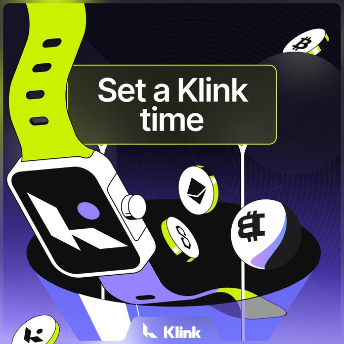 A vibrant promotional graphic features a smartwatch displaying the "K" logo with cryptocurrency tokens (including Bitcoin and others) floating around it, overlaid with the text "Set a Klink time." This illustrates the post's quick tip about scheduling time on the Klink crypto rewards platform.