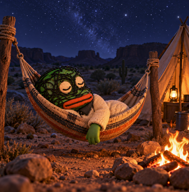A plush Pepe frog character relaxes peacefully in a hammock by a campfire under a starry desert sky, capturing the cozy "goodnight" vibe of the post. The imagery matches the calm, winding-down tone as the user says "gn" and promises to share details about KingAnt's free mint and GraveMint projects tomorrow.
