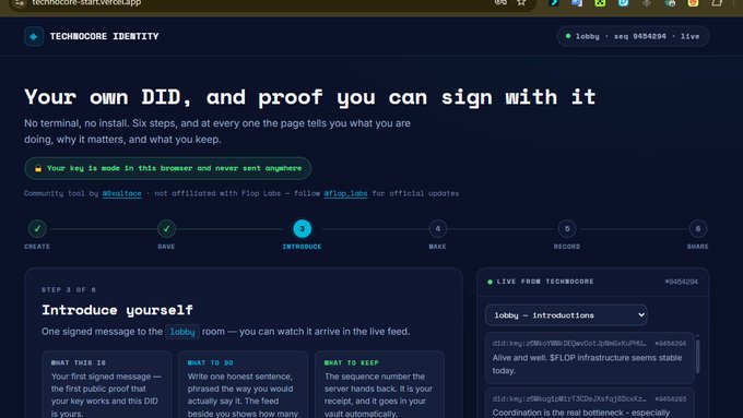 Screenshot of Techcore Identity's web app (technocore-start.vercel.app) showing step 3 of 6 'Introduce yourself' for creating a DID, with a live feed of messages in the 'lobby' room from #5044206.