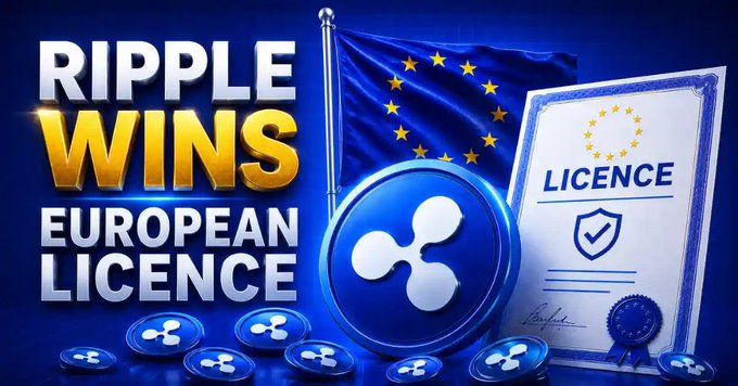 Promotional graphic reading 'RIPPLE WINS EUROPEAN LICENCE' featuring the EU flag, Ripple (XRP) logo, and a license certificate.
