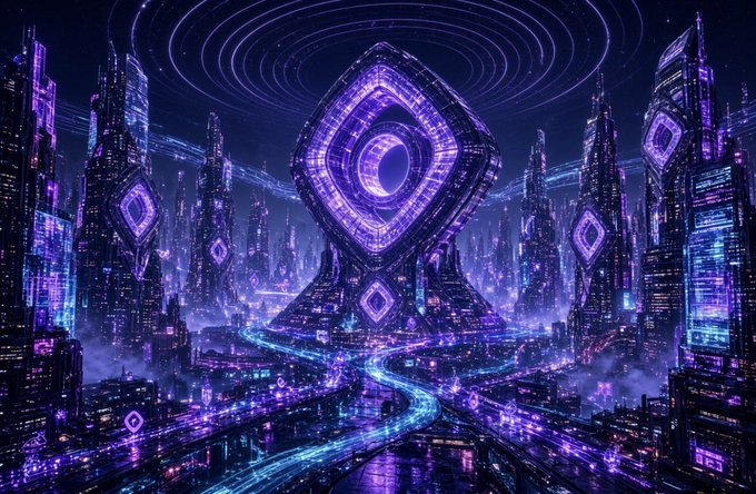 A vibrant sci-fi digital illustration depicting a futuristic neon-lit cityscape with towering skyscrapers and a massive glowing purple cube structure at the center.