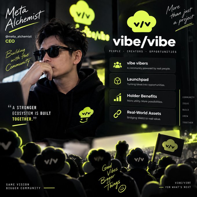 A promotional graphic for 'vibe/vibe' featuring a young man in sunglasses and a black hoodie, with text including '@meta_alchemist CEO', 'Building with the Community', and feature listings like 'vibe vibers', 'Launchpad', 'Holder Benefits', and 'Real-World Assets'.