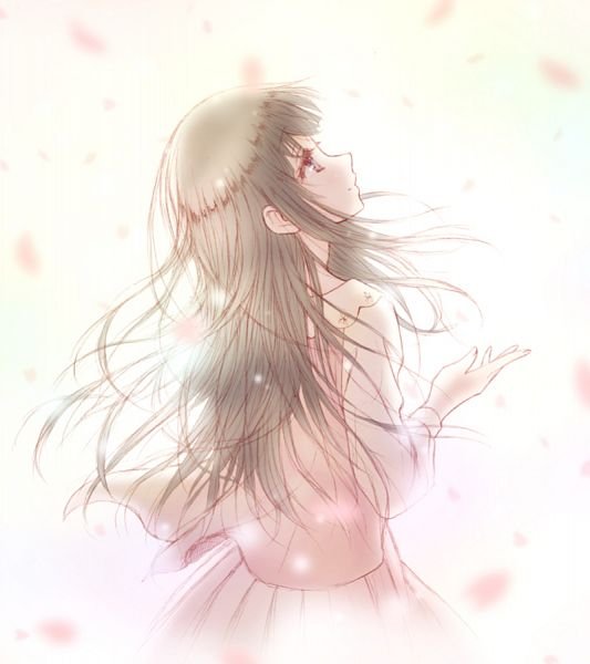 An anime-style illustration of a girl with long flowing hair looking upward, surrounded by falling pink petals in a dreamy pastel setting.