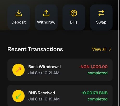 A mobile app dashboard showing action buttons (Deposit, Withdraw, Bills, Swap) above recent transactions, including a completed Bank Withdrawal of -NGN 1,000.00 and a received BNB transaction of +0.00178 BNB. The image illustrates the poster's claim of a fast and seamless crypto-to-naira trading experience.