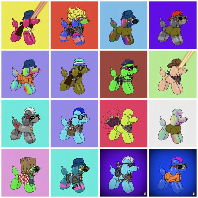 Grid of 16 colorful cartoon poodle characters, each wearing different accessories like hats, sunglasses, and bags, displayed in Warhol-style pop art panels.
