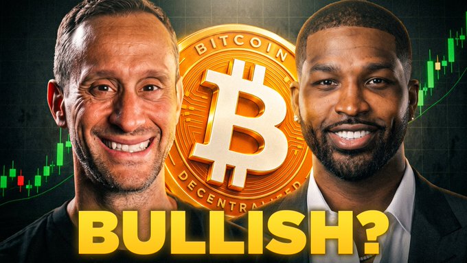 A YouTube thumbnail featuring two men smiling with a Bitcoin logo between them and the word "BULLISH?" in bold yellow text, set against a green candlestick chart background.