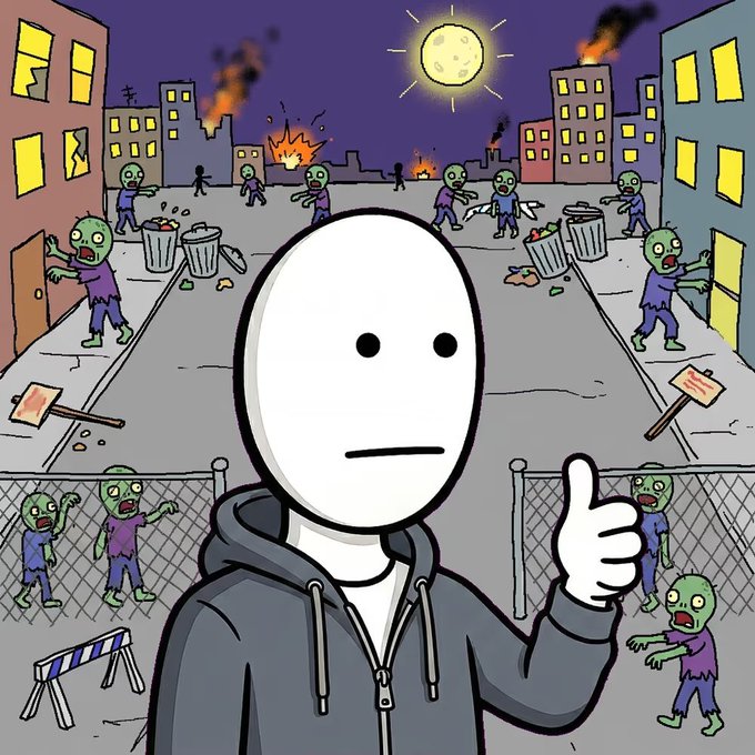 The image features a cartoon man wearing a hoodie, standing in front of a fence with a group of zombies behind him. The man has his thumb up in a thumbs-up gesture, while several zombie figures are visible around him. The scene is set against an urban backdrop, including buildings and a fire hydrant. The post about the zombie apocalypse seems to be related to this image or its context, as it suggests that the man's position might be a safe location within the city where he can avoid the dangers posed by the zombies.