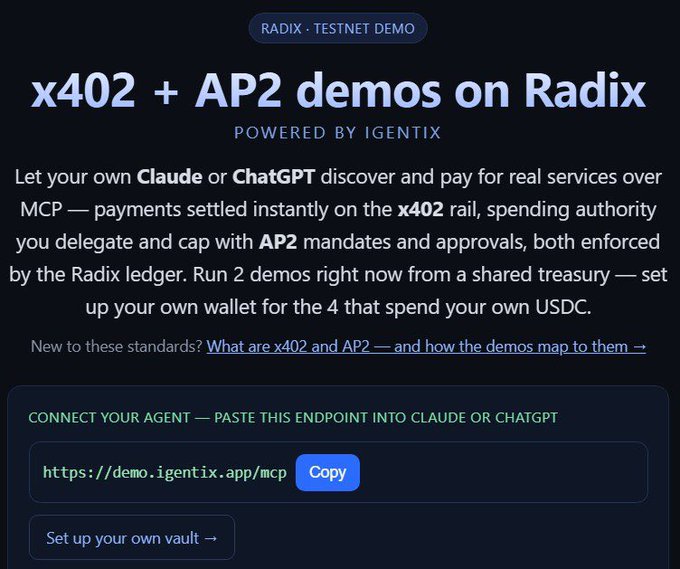 A webpage promoting 'x402 + AP2 demos on Radix TESTNET DEMO' by Igentix, explaining how Claude or ChatGPT can discover and pay for services using x402 and AP2 standards.